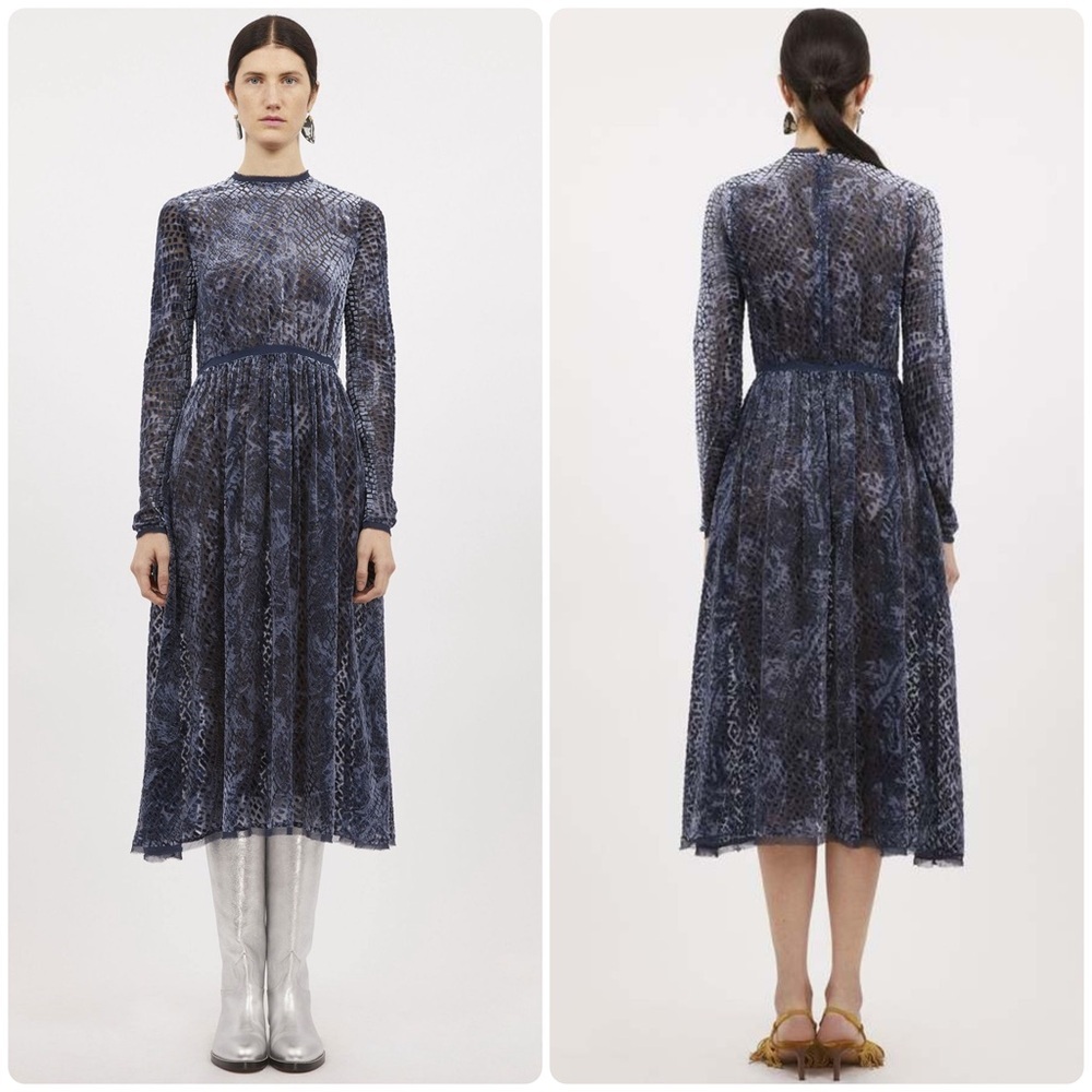 New! Ulla Johnson Sylvie Midi Dress In Navy Marine Velvet Burn-Out Animal Print